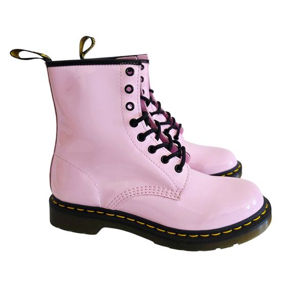 Dr. Martens Shoes - Dr. Martens 1460 W Pink Patent Leather Boots Lace-up Chunky Moto Ankle Woman's 9